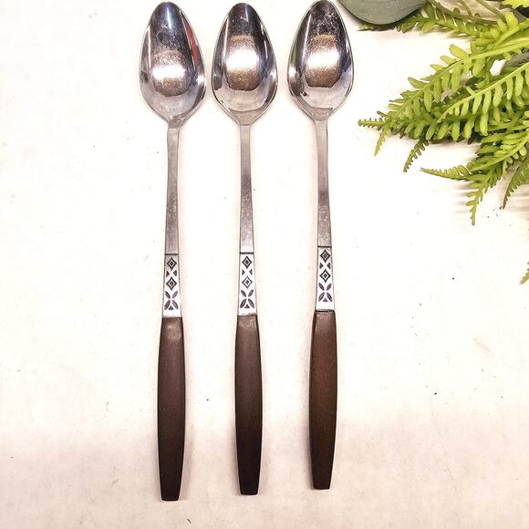 MCM Ekco Eterna Tea Spoons Wood Handles Stainless Steel Flatware Mid Century 60s - Picture 2 of 11